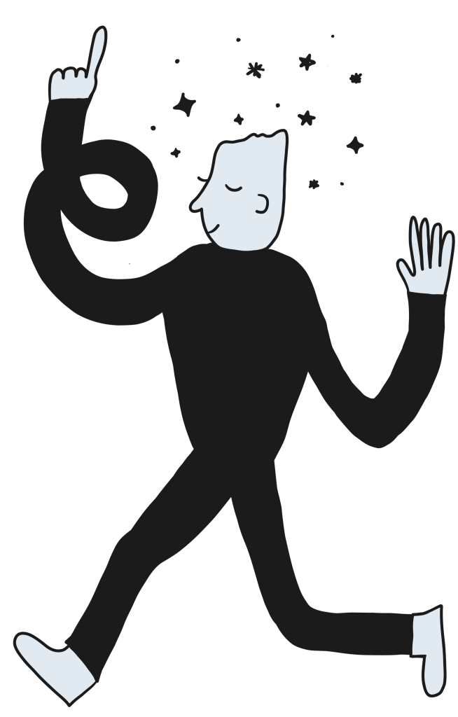 Illustration of a smiling person floating with stars above their head, symbolizing creativity and dreaming