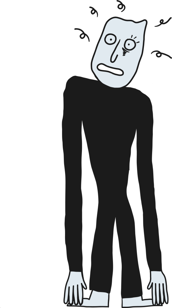 Illustration of a person with wide eyes and swirling lines around their head, representing overthinking and mental overwhelm